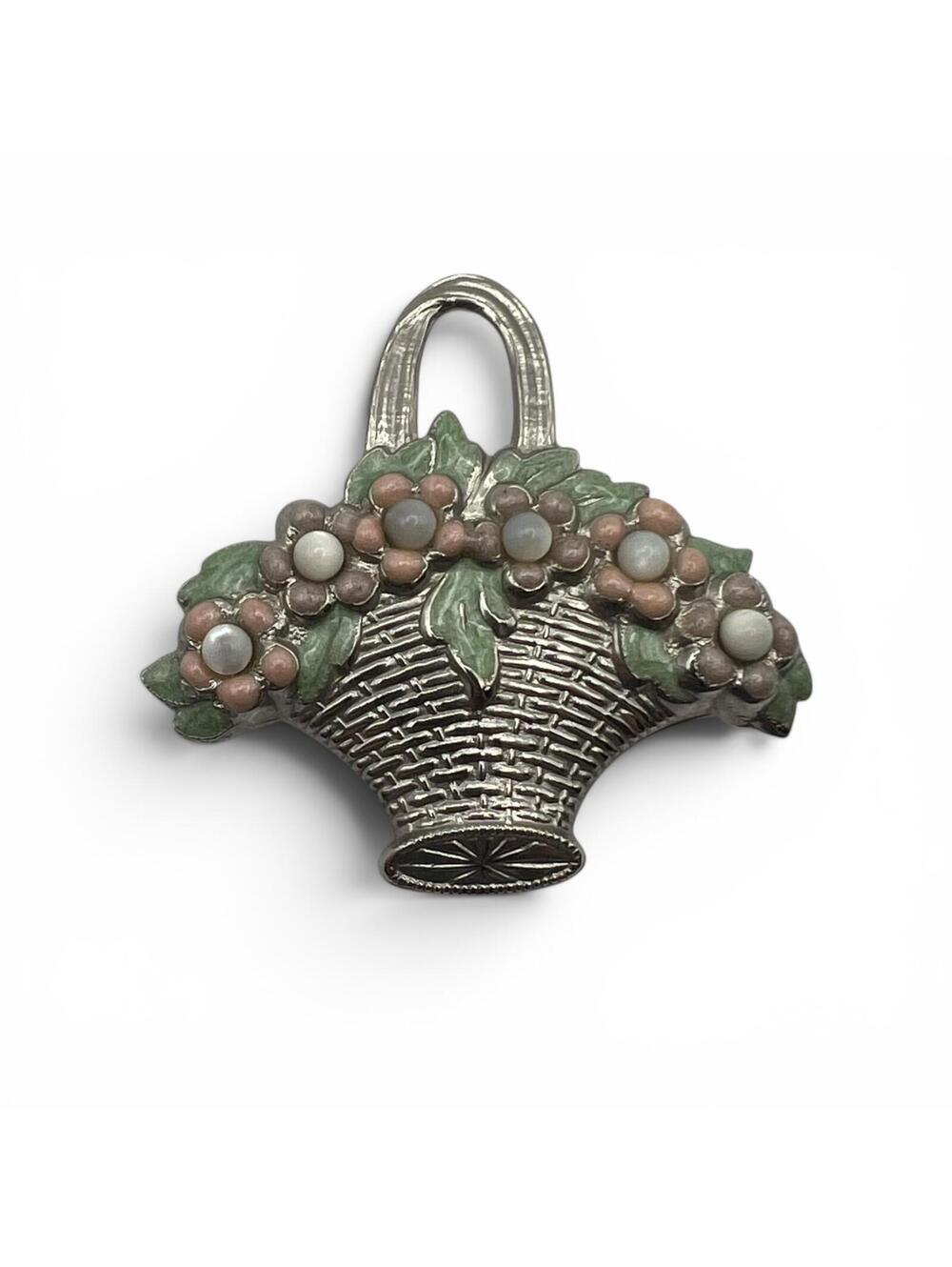 Vintage 80s Silver Tone Flower Basket Cottagecore Brooch with Enamel Accents